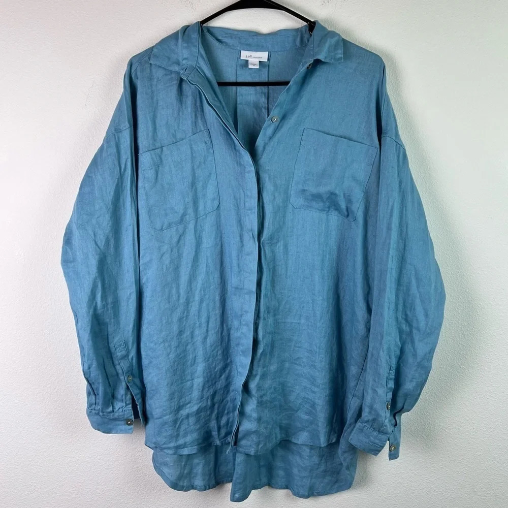 J. Jill Love Linen Blue Button Up Top (XS) 100% Linen, Tunic Shirt, Earthy Chic
